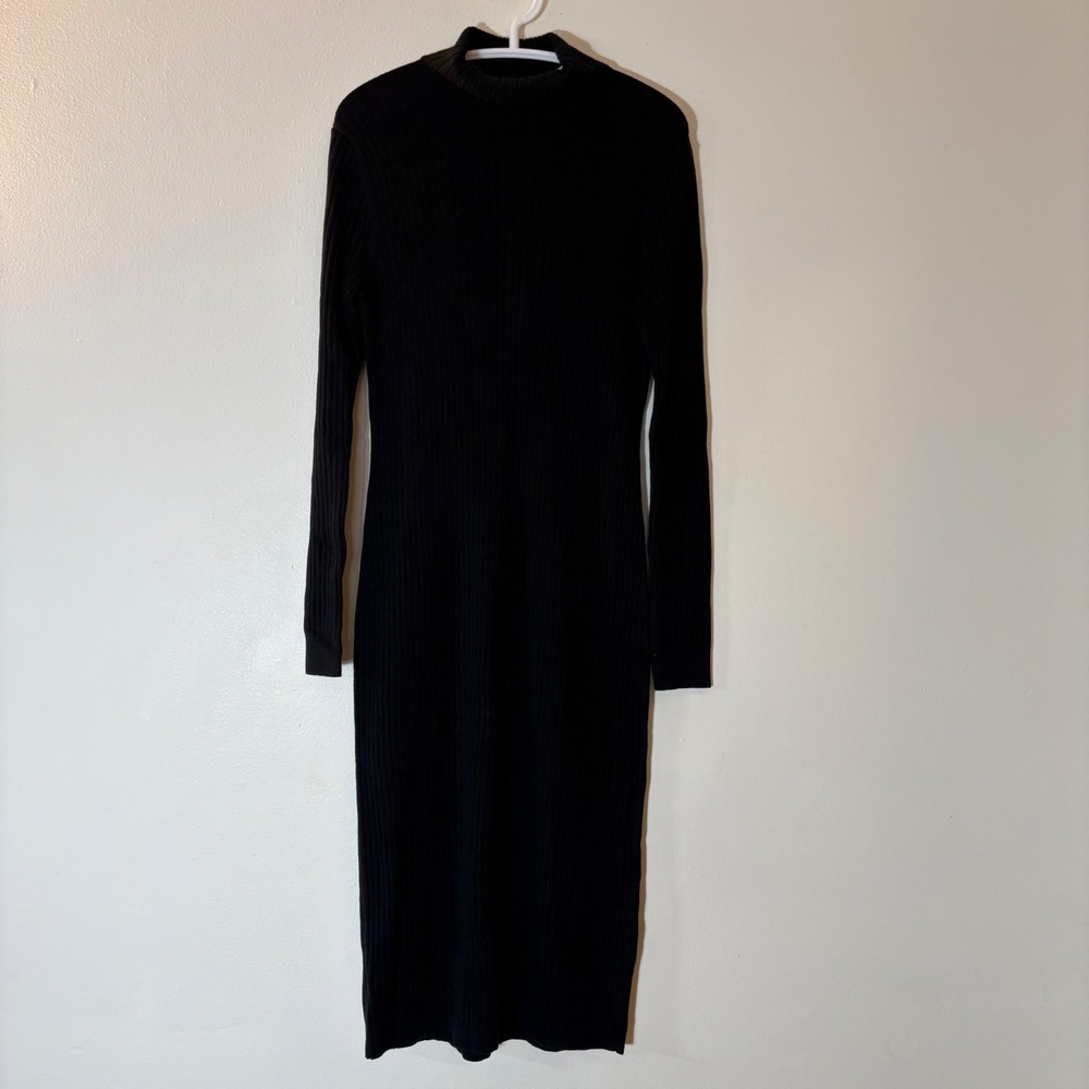 Ann Taylor Ribbed Turtleneck Long Sleeve Midi Dress Black Size Medium